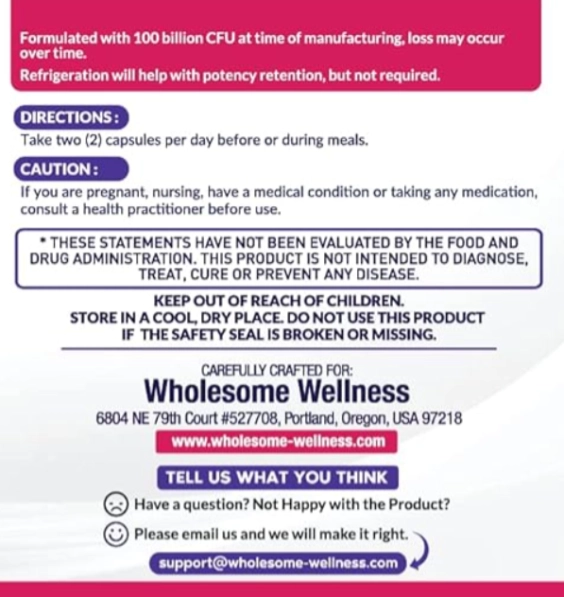 Probióticos Crus para Mulheres,  100 Bilhões de CFUs, Prebióticos e Enzimas Digestivas, 60 Cápsulas, Wholesome Wellness