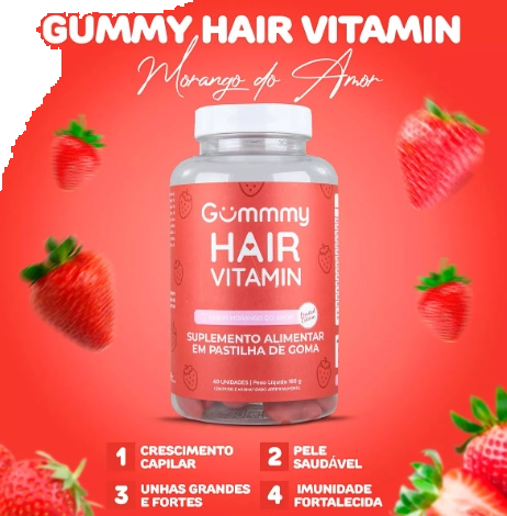 Gummy Hair, Cabelo, pele e unha, 60 Gomas Sabor Morango, 180g