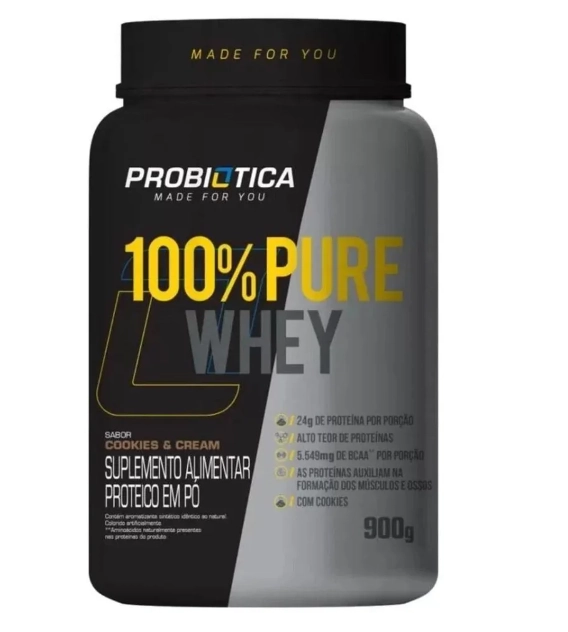 100% Pure Whey, Sabor Cookies & Cream, 900g, Probiotica 