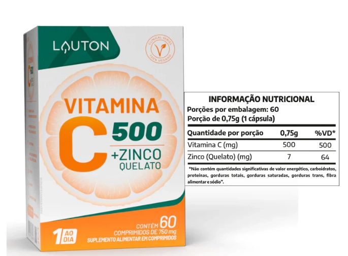Vitamina C + Zinco 500mg, 60 Cápsulas, Lauton Nutrition