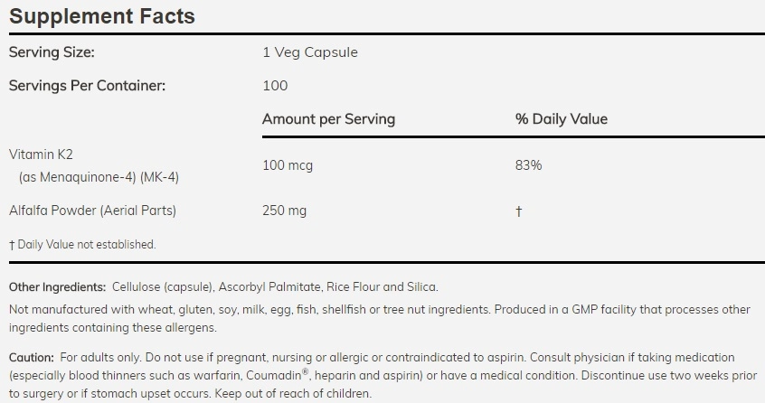 Vitamina K2, 100mcg, 100 Cápsulas, Now
