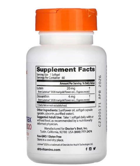 Luteína com Lutemax 2020, 20mg, 60 Softgels, Doctor's Best