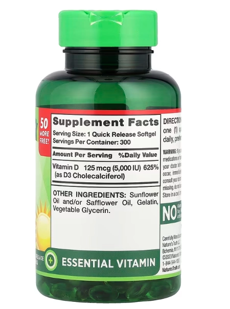 Vitamina D3 5000UI, 125mcg de Alta Potência, 300 Cápsulas, Nature's Truth