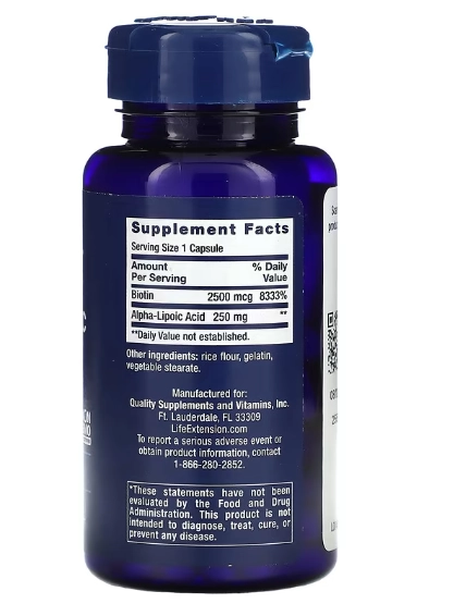 Ácido Alfa-Lipóico com Biotina, 250mg, 60 Cápsulas, Life Extension