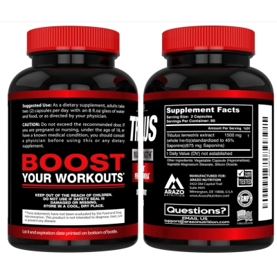Tribulus Terrestris 1500mg, Extrato em Pó, 180 Cápsulas, Arazo Nutrition
