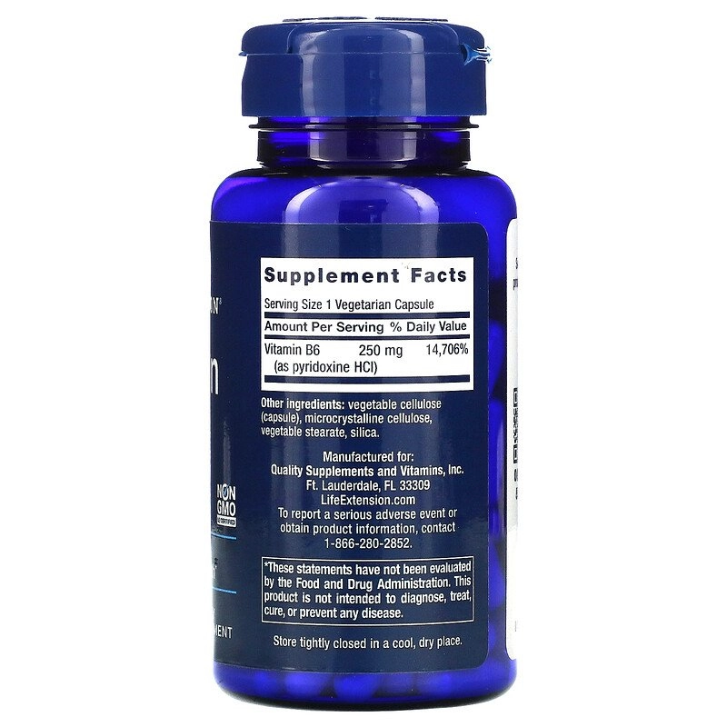 Vitamina B6, 250mg, 100 Cápsulas, Life Extension
