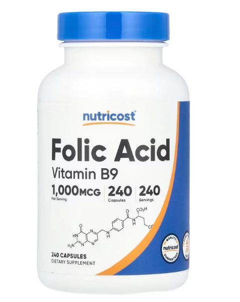 Acido fólico, Vitamina B9 1000mcg, 240 Cápsulas, Nutricost