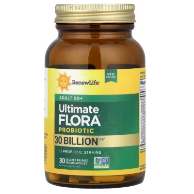 Ultimate Probiotic Flora, Probióticos para Adulto 50+, 30 Bilhões de UFC, 30 Cápsulas, Renew Life