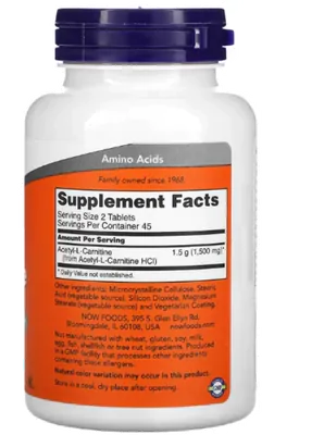 Acetil-L Carnitina, 750mg, 90 comprimidos, Now