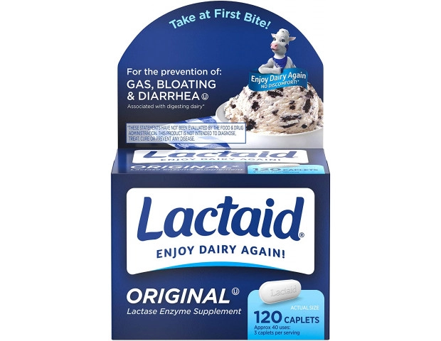 Suplemento Lactaid Original, 120 capsulas mastigáveis.