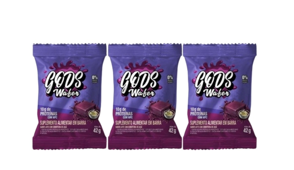 Gods Wafer Barra de Wafer Proteica, Sabor Açaí com Leite, 3 Unidades 42g Cada, Canibal