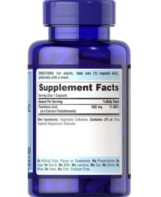 Pantothenic Acid, 500mg,100 Cápsulas de Liberação Rápida, Puritan's Pride