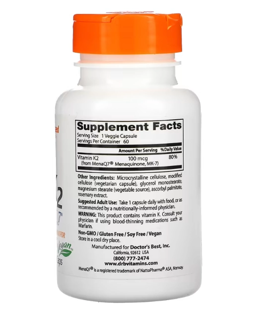 Vitamina K2 MK-7, MenaQ7, 100 mcg, 60 cápsulas, Doctor's Best