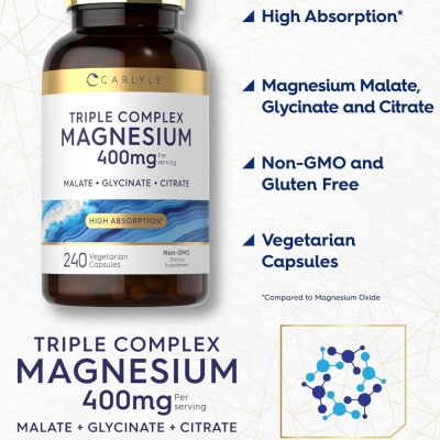 Magnésio Triple Complex 400mg, Relaxamento, Sono e Redução do Estresse, Suporte Muscular, 240 Cápsulas, Carlyle