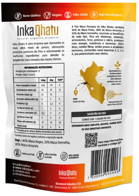 Raw Maca Peruana Amarela, Vermelha e Preta, 150g, Inka Qhatu