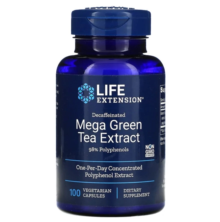 Mega Extrato de Chá Verde (Green Tea), Descafeinado, 100 Cápsulas, Life Extension