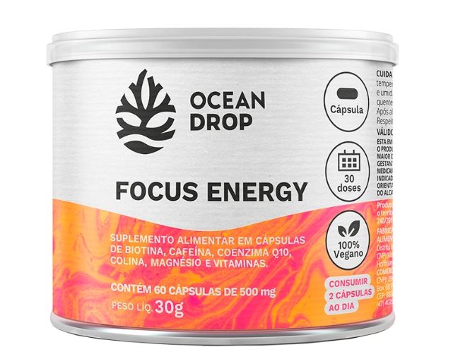 Focus Energy 500mg, Alta Performance, Mente e Corpo, 60 Cápsulas, Ocean Drop