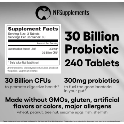Lactobacillus Reuteri Probiótico, 30 bilhões de UFC, 240 Comprimidos, Natural Foundation Supplements