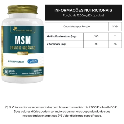 MSM Enxofre Orgânico + Vitamina C, 60 Cápsulas, Flora Nativa