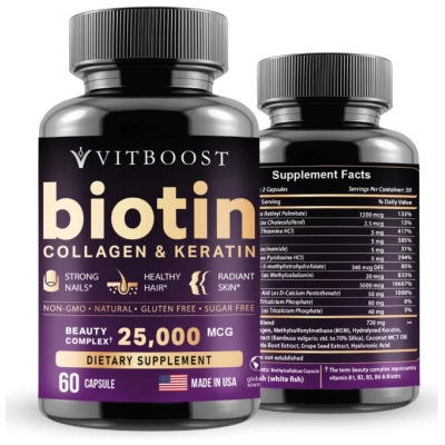 Biotina 25000mcg com Ácido Hialurônico, Colágeno e Queratina, 60 Cápsulas, VitBoost
