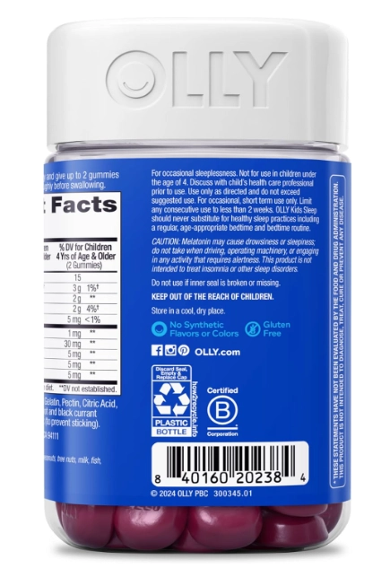 Kids Sleep, Com L-Teanina, Melatonina 0,5mg, 90Gomas Sabor Framboesa, OLLY