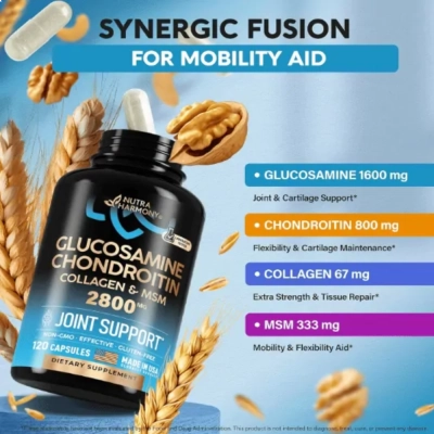 Glucosamina Condroitina 2800mg com Colágeno, Suporte Articular, Cápsulas, Nutraharmony