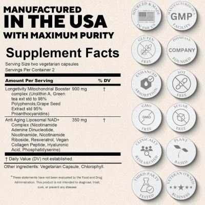 Urolithin A + Lipossomal 10 em 1 com NR e resveratrol, 1250mg, 60 Cápsulas, Plus+Ultra