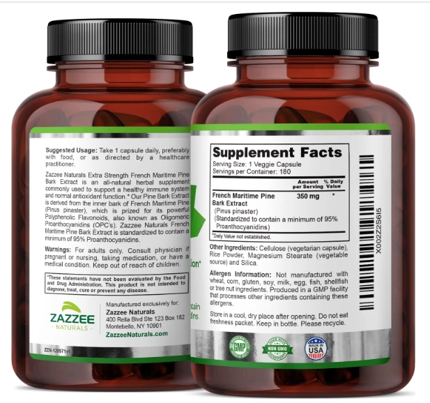 Casca de Pinheiro 350mg, Pine Bark Marítimo Francês, 180 cápsulas, Zazzee