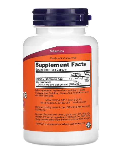 Vitamina C, 1.000mg e Zinco, 15mg, 90 Cápsulas, Now