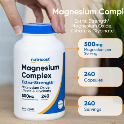 Magnésio Complex 500mg, Relaxamento, Qualidade do Sono e Equilíbrio Diário, 240 Cápsulas, Nutricost