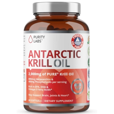Óleo de Krill Antártico Puro 1000mg, com Astaxantina, Ômega  e Fosfolipídios, 60 Cápsulas, Purity Labs
