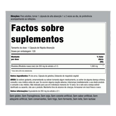 Rhodiola Rosea Extrato 1000mg, 120 Cápsulas- Piping Rock