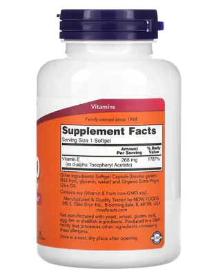 Vitamina E-400, 400UI, 250 Cápsulas, Now