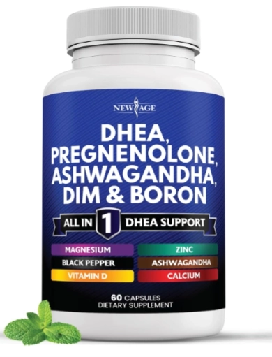 DHEA 100mg com Pregnenolona, DIM, Ashwagandha, Boro, Cálcio, Magnésio e Zinco, 60 Cápsulas, New Age