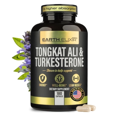 Tongkat Ali + Turkesterone 1400mg, Energia, Força e Desempenho no Treino, 180 Cápsulas, Earth Elixir