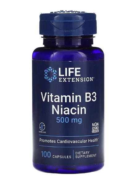 Vitamina B3 Niacina, 500mg, 100 Cápsulas, Life Extension