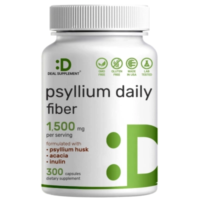 Psyllium Husk 1500mg, Complexo de Inulina e Acácia, 300 Cápsulas, Deal Supplement