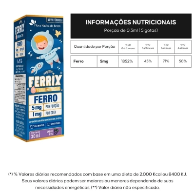 Kit 3 Unidades, FERRIX (Ferro infantil) 30ml, Sabor Uva - Flora Nativa do Brasil