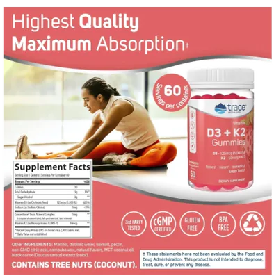 Vitamina D3 5000IU + K-2 MK-7 50mcg, 60 Gummies Sabor Morango, Trace Minerals