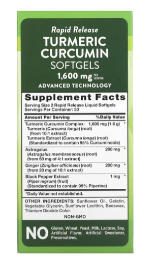 Turmeric 1600mg, Curcumina e Extrato de Gengibre, Astragalus e Pimenta do Reino, 60 Cápsulas, Nature's Truth 