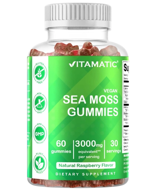 Irish Sea Moss 3000mg, Para Tireoide, Energia e Imunidade, 60 Gomas Sabor Framboesa, Vitamatic
