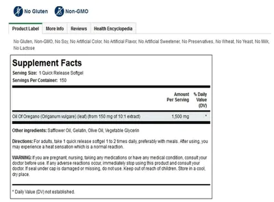 Óleo De Orégano Puro,  1500 Mg, 150 Softgels, Piping Rock