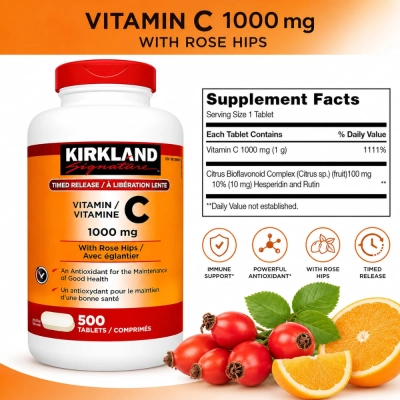 Vitamina C, + Rosa Mosqueta e Bioflavonoides Cítricos, 1000mg, 500 Tablets, Kirkland