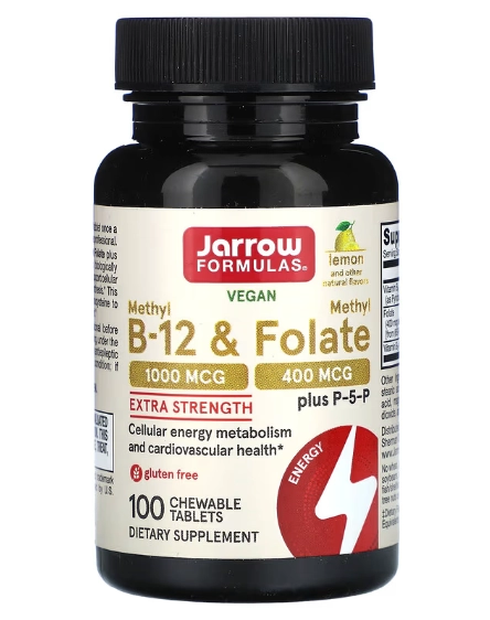 Metil B12 Vegano e Metil Folato, Força Extra, 100 Comprimidos Mastigáveis Sabor Limão, Jarrow Formulas