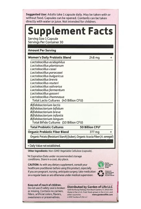 Probióticos Formulados para Mulheres, 50 Bilhões CFU, 30 Cápsulas, Garden of Life