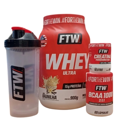 Kit Whey Ultra, Sabores + BCAA 60 Cápsulas + Creatina 60g + Coqueteleira, FTW