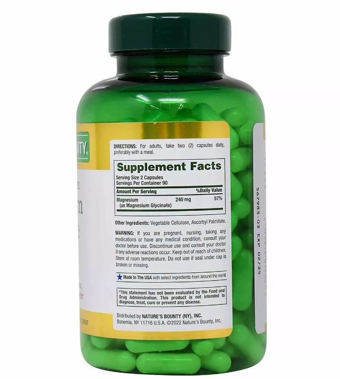 Glicinato de Magnésio, 240mg, 180 Cápsulas, Nature's Bounty