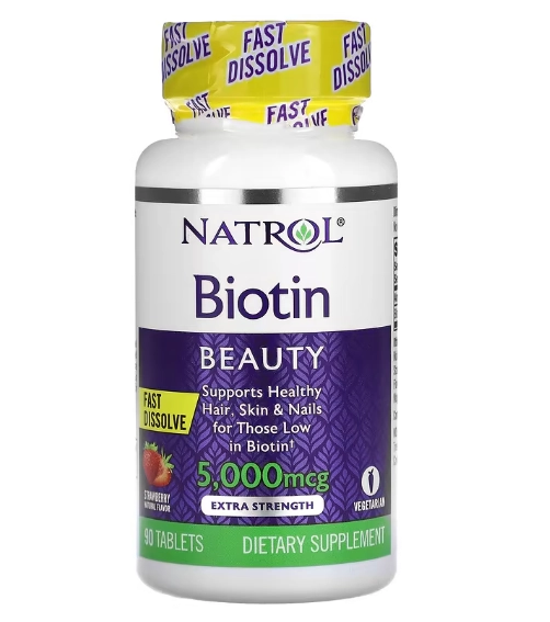 Biotina, Força Extra, 5000mcg, 90 Comprimidos Sabor Morango, Natrol