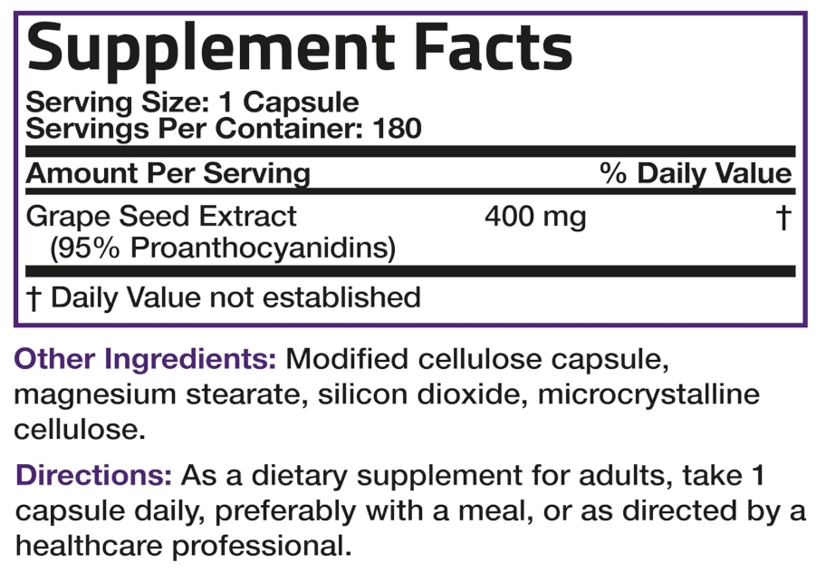 Grape Seed Extract, Semente de Uva 400mg, Com  95% de Proantocianidinas, 180 Cápsulas, Bronson