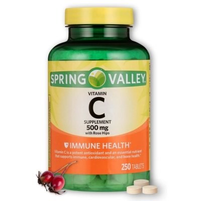 Vitamin C 500mg, com Rose Hips, 250 comprimidos, Spring Valley